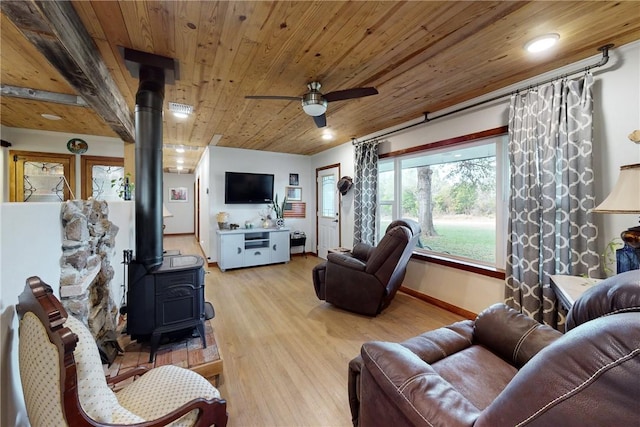 living room featuring light hardwood / wood-style flooring, a wood stove, ceiling fan, and wooden ceiling