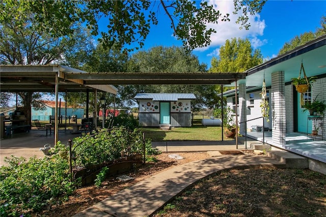 exterior space with a storage shed