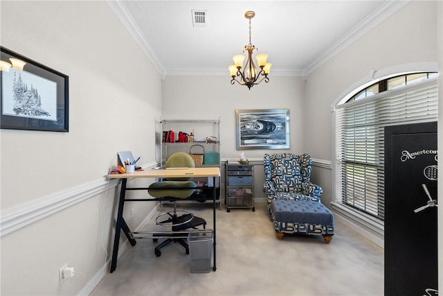 9560 County Road 121, Iola, TX 77861 - carpeted office space featuring a chandelier, ornamental molding, and baseboards