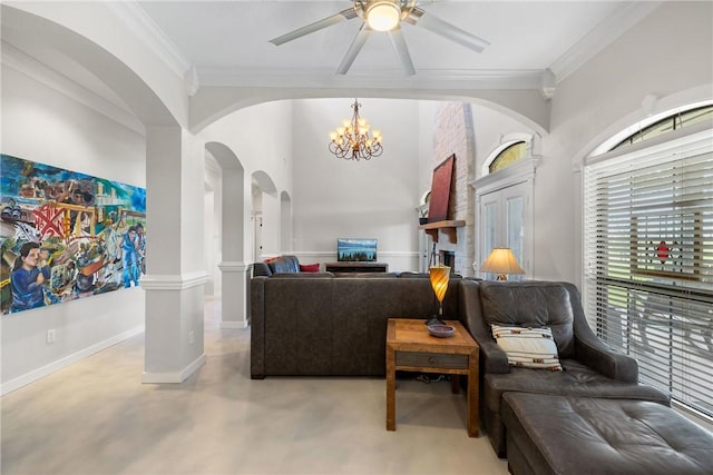 9560 County Road 121, Iola, TX 77861 - living room with arched walkways, a chandelier, finished concrete floors, a ceiling fan, and crown molding