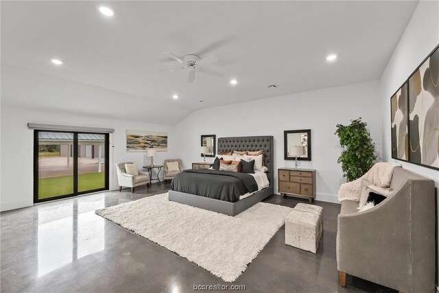 bedroom featuring ceiling fan, access to exterior, concrete flooring, and vaulted ceiling