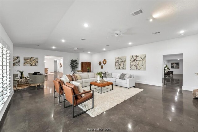 living room featuring ceiling fan