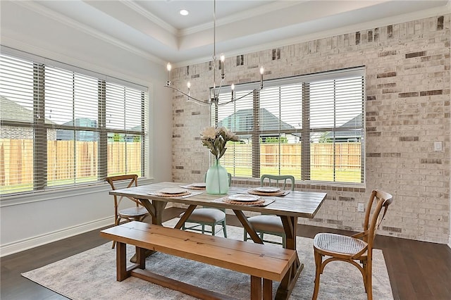 dining room featuring crown molding, dark wood-type flooring, and a wealth of natural light