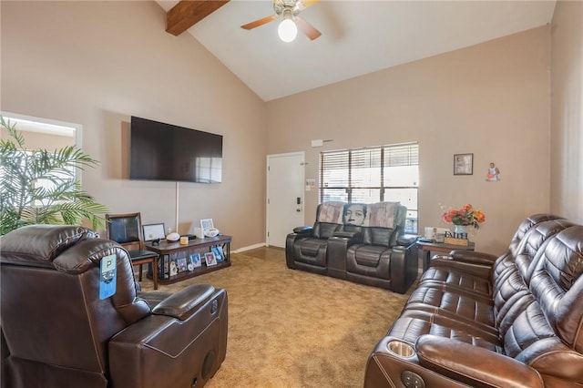 carpeted living area with high vaulted ceiling, beam ceiling, and ceiling fan