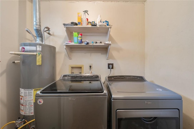 laundry area with laundry area, gas water heater, and washer and dryer