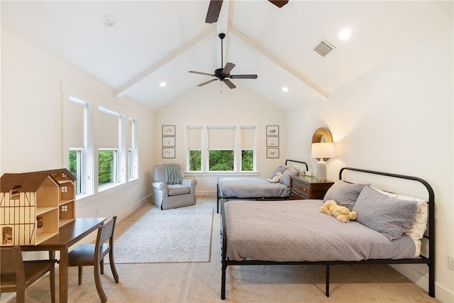 bedroom featuring visible vents, a ceiling fan, baseboards, recessed lighting, and lofted ceiling with beams