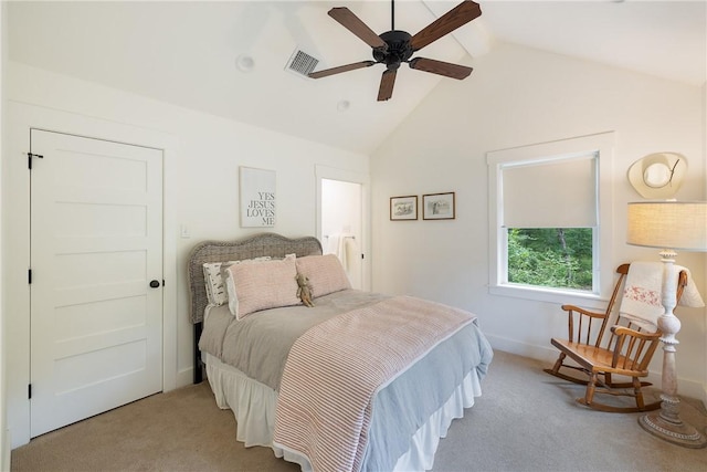 bedroom featuring baseboards, vaulted ceiling with beams, light carpet, and visible vents