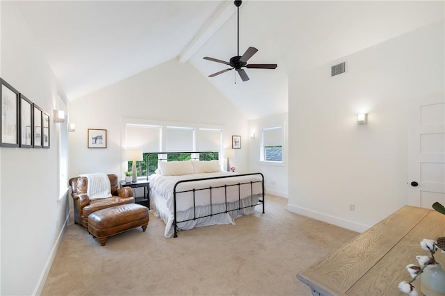 bedroom with visible vents, carpet, beam ceiling, and multiple windows
