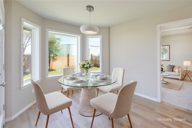 dining space featuring light hardwood / wood-style flooring and a healthy amount of sunlight