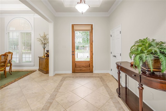 4309 Berwick Pl, College Station, TX 77845 - entryway featuring healthy amount of natural light, baseboards, crown molding, and light tile patterned floors