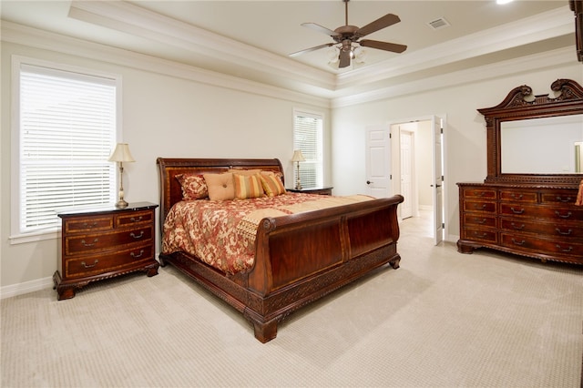 4309 Berwick Pl, College Station, TX 77845 - bedroom with a tray ceiling, light colored carpet, baseboards, and crown molding