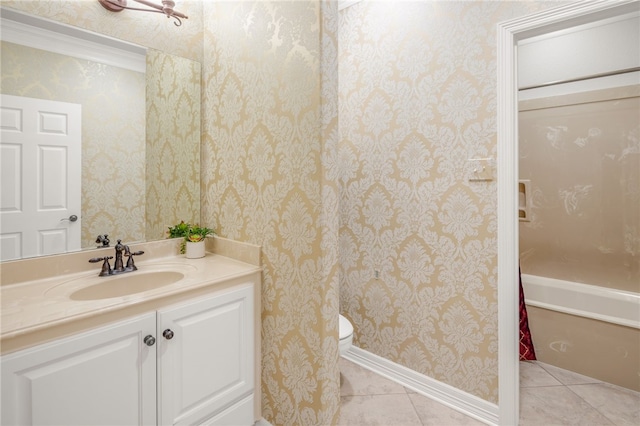 4309 Berwick Pl, College Station, TX 77845 - bathroom with tile patterned flooring, vanity, wallpapered walls, toilet, and shower / tub combo with curtain