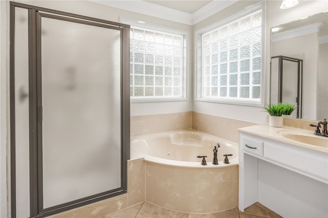 4309 Berwick Pl, College Station, TX 77845 - full bath featuring vanity, a stall shower, a jetted tub, crown molding, and tile patterned floors