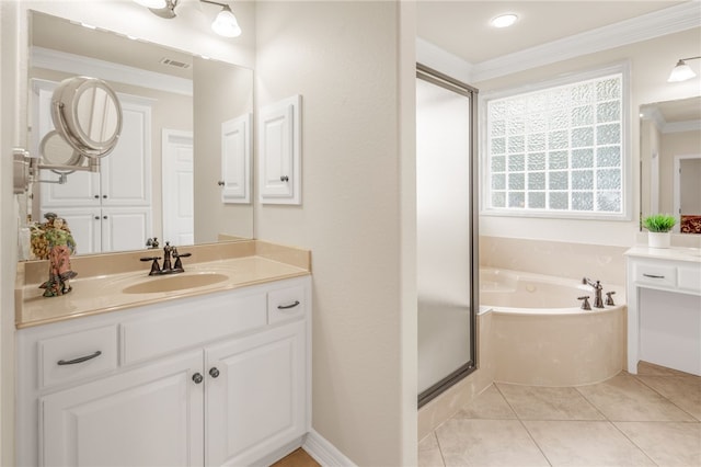 4309 Berwick Pl, College Station, TX 77845 - full bath featuring a garden tub, crown molding, vanity, a shower stall, and tile patterned flooring