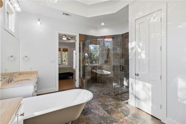 bathroom with vanity, ceiling fan, and independent shower and bath