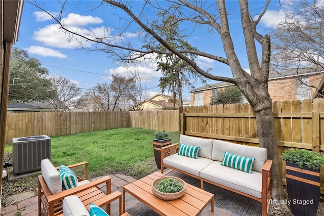 exterior space with an outdoor hangout area and central air condition unit