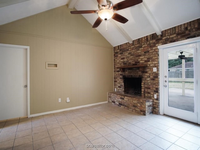 unfurnished living room with vaulted ceiling with beams, ceiling fan, light tile patterned floors, and a fireplace