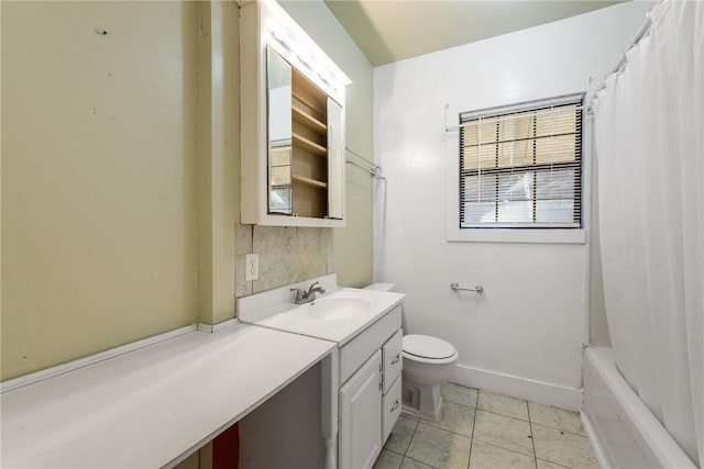 full bathroom featuring tile patterned flooring, shower / bath combo, vanity, and toilet