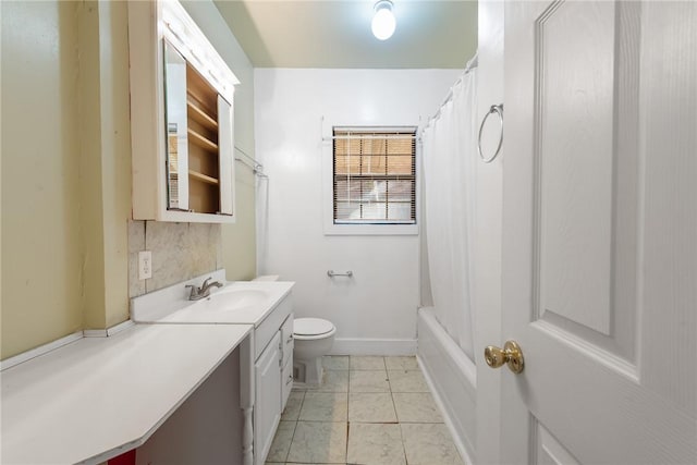 full bathroom with tile patterned flooring, vanity, toilet, and shower / bathtub combination with curtain