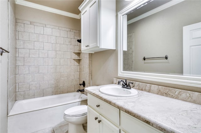 full bath with vanity, bathtub / shower combination, crown molding, and toilet