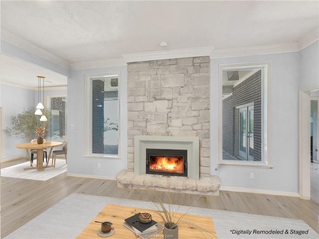 living room with a fireplace, hardwood / wood-style floors, and ornamental molding