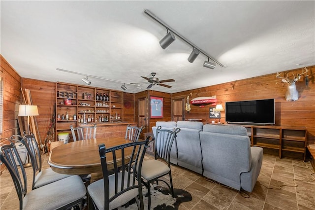910 Briar Cliff Dr, Bryan, TX 77802 - dining space with wood walls, a ceiling fan, and track lighting