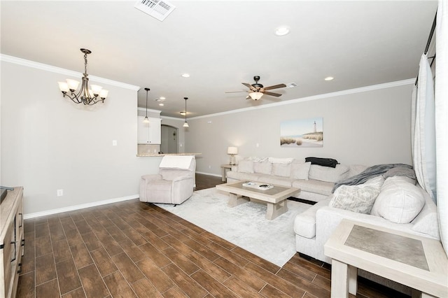 1607 Culture Ln, College Station, TX 77845 - living area featuring visible vents, ornamental molding, baseboards, recessed lighting, and ceiling fan with notable chandelier