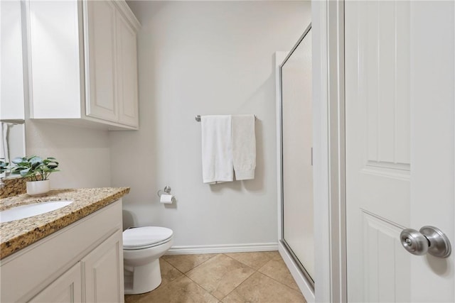 bathroom featuring toilet, a shower stall, vanity, and tile patterned floors