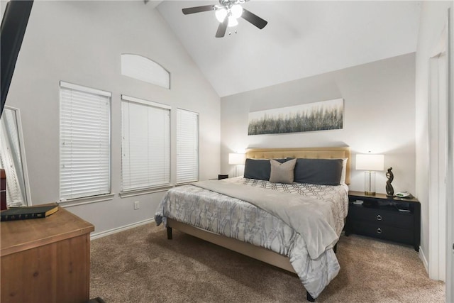 bedroom featuring ceiling fan, high vaulted ceiling, carpet, and baseboards