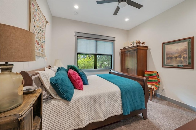 carpeted bedroom featuring ceiling fan