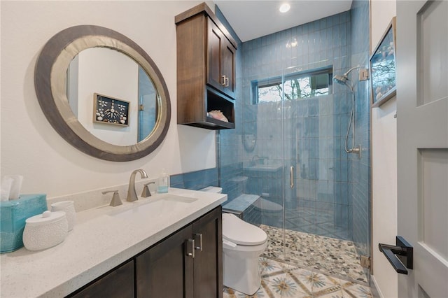 bathroom featuring toilet, vanity, and walk in shower