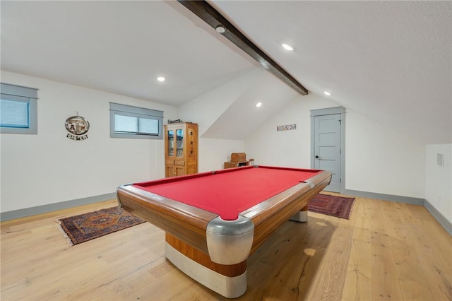 rec room featuring light hardwood / wood-style floors, vaulted ceiling with beams, and billiards