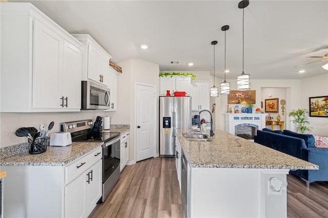 2110 Chief St, Bryan, TX 77807 - kitchen featuring stainless steel appliances, a sink, open floor plan, light wood-style flooring, and recessed lighting