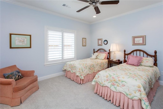 bedroom featuring light colored carpet, ceiling fan, and crown molding