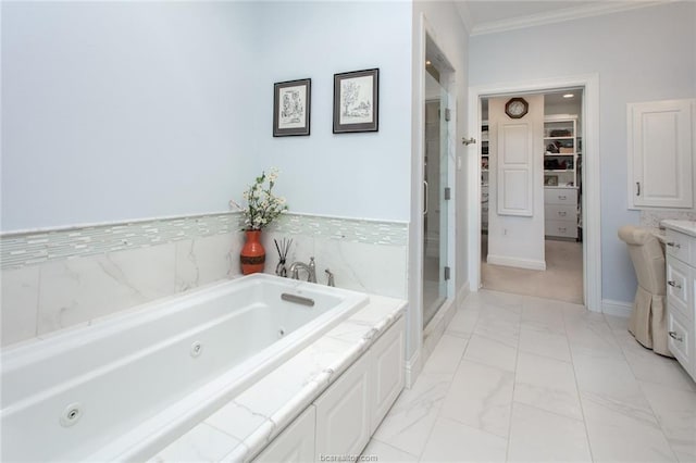 bathroom featuring vanity, independent shower and bath, and crown molding