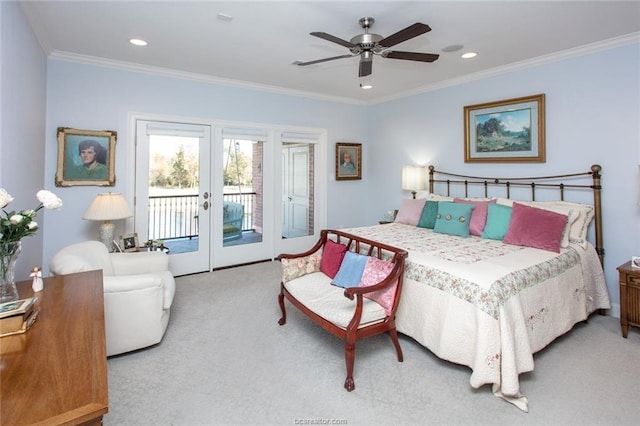 carpeted bedroom featuring ceiling fan, access to exterior, ornamental molding, and french doors