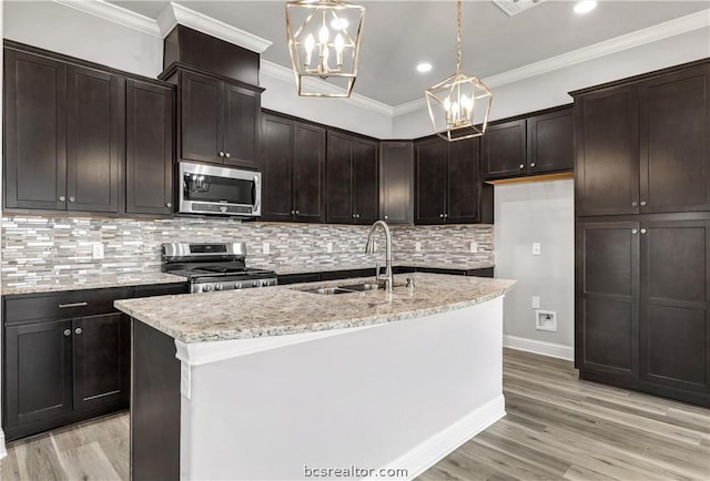 kitchen with sink, stainless steel appliances, backsplash, a center island with sink, and light wood-type flooring