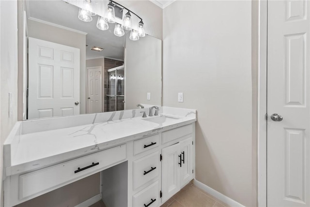 bathroom with walk in shower, tile patterned floors, and vanity