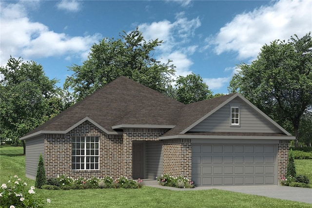 view of front of home with a garage and a front lawn