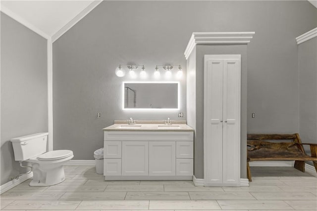 206 22 Hills Rd, Gause, TX 77857 - bathroom featuring vaulted ceiling, double vanity, crown molding, and wood tiled floors