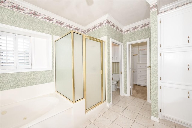 bathroom featuring tile patterned floors, toilet, ornamental molding, and independent shower and bath