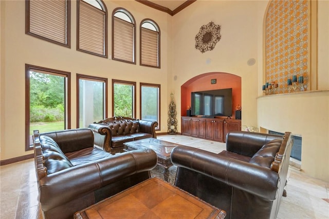 living room featuring baseboards, ornamental molding, plenty of natural light, and a high ceiling