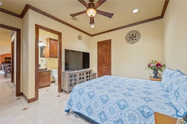 bedroom with crown molding, visible vents, and recessed lighting