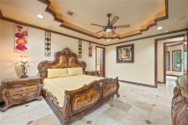 bedroom featuring a tray ceiling, recessed lighting, baseboards, ornamental molding, and visible vents