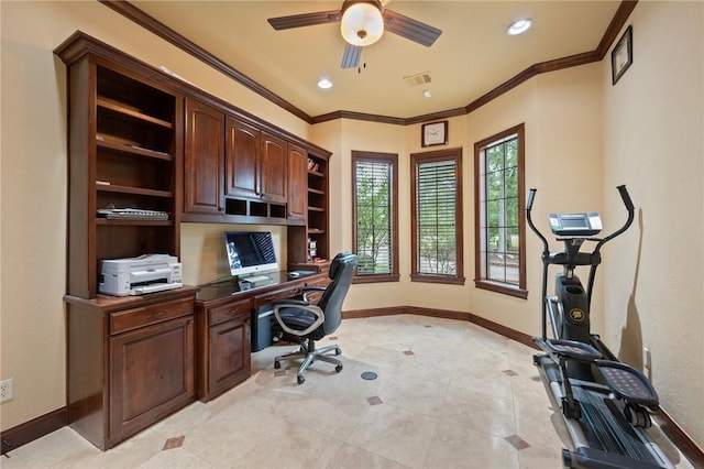 office space with visible vents, recessed lighting, crown molding, a ceiling fan, and baseboards