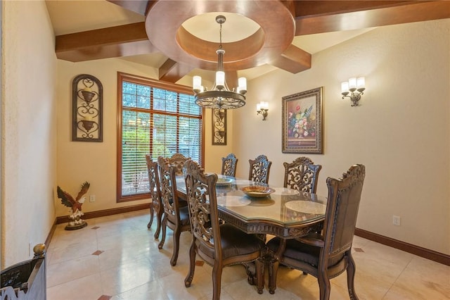 dining space featuring light tile patterned flooring, a notable chandelier, and baseboards
