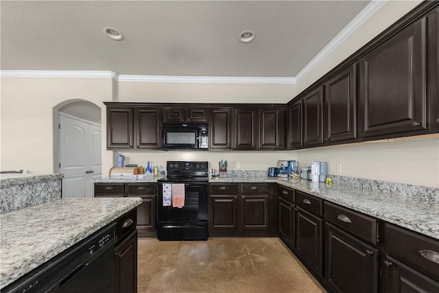 kitchen featuring black appliances, ornamental molding, and dark brown cabinetry