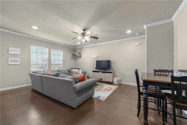 living room with a textured ceiling, ceiling fan, and crown molding