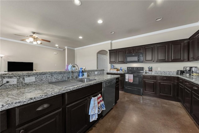 kitchen with light stone countertops, black appliances, sink, ceiling fan, and dark brown cabinets