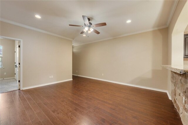 3314 Airborne Ave, College Station, TX 77845 - spare room featuring a ceiling fan, dark wood-style floors, ornamental molding, baseboards, and recessed lighting